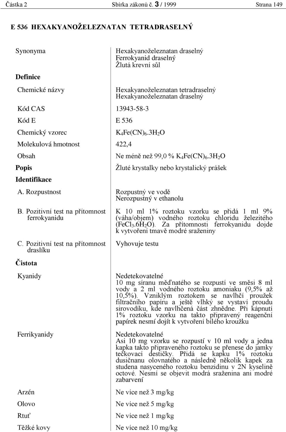 tetradraselný Hexakyanoželeznatan draselný 13943-58-3 E 536 K 4 Fe(CN) 6.3H 2 O 422,4 Ne mén než 99,0 % K 4 Fe(CN) 6.