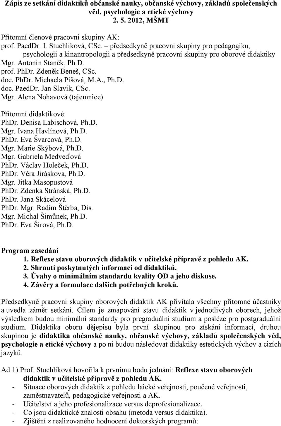 Zdeněk Beneš, CSc. doc. PhDr. Michaela Píšová, M.A., Ph.D. doc. PaedDr. Jan Slavík, CSc. Mgr. Alena Nohavová (tajemnice) Přítomní didaktikové: PhDr. Denisa Labischová, Ph.D. Mgr. Ivana Havlínová, Ph.