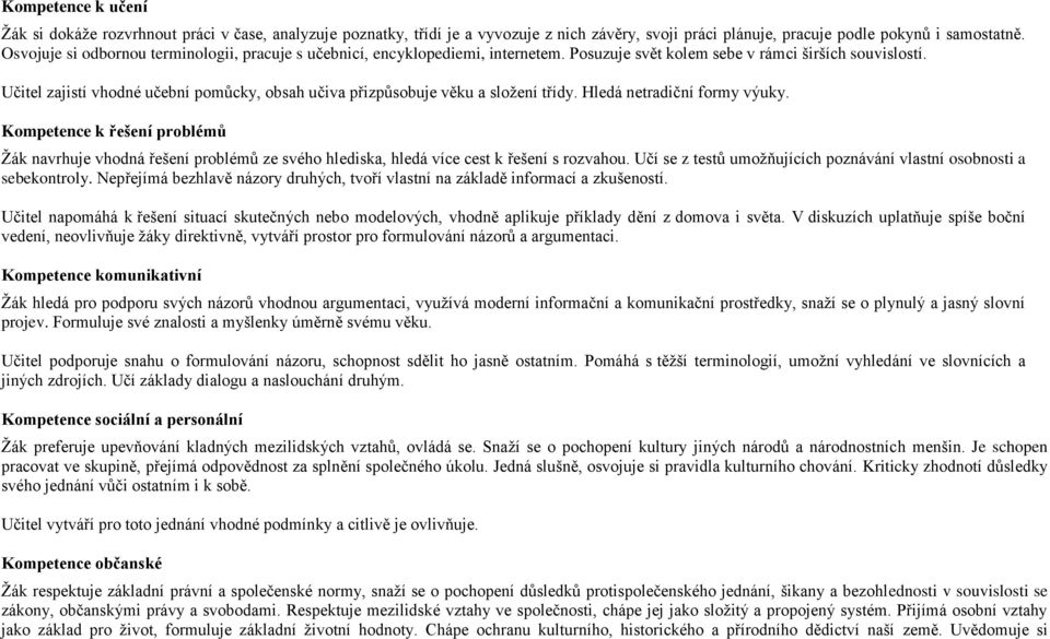 Učitel zajistí vhodné učební pomůcky, obsah učiva přizpůsobuje věku a složení třídy. Hledá netradiční formy výuky.