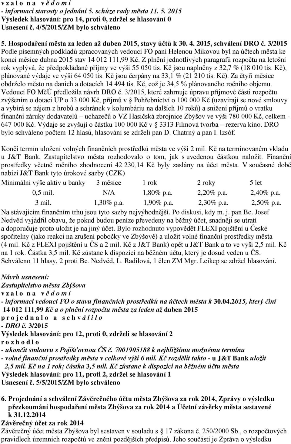 3/2015 Podle písemných podkladů zpracovaných vedoucí FO paní Helenou Mikovou byl na účtech města ke konci měsíce dubna 2015 stav 14 012 111,99 Kč.