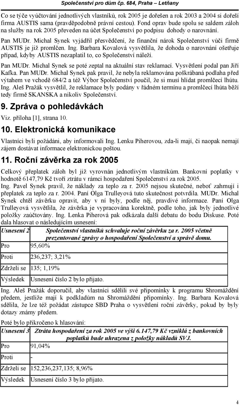 Michal Synek vyjádřil přesvědčení, že finanční nárok Společenství vůči firmě AUSTIS je již promlčen. Ing.