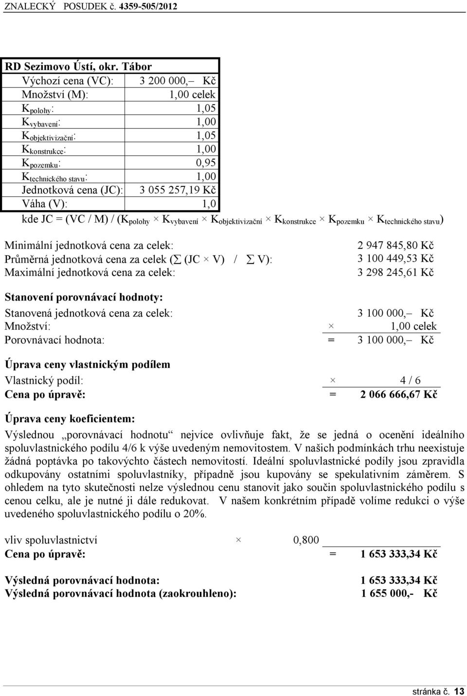 cena (JC): 3 055 257,19 Kč Váha (V): 1,0 kde JC = (VC / M) / (K polohy K vybavení K objektivizační K konstrukce K pozemku K technického stavu ) Minimální jednotková cena za celek: Průměrná jednotková