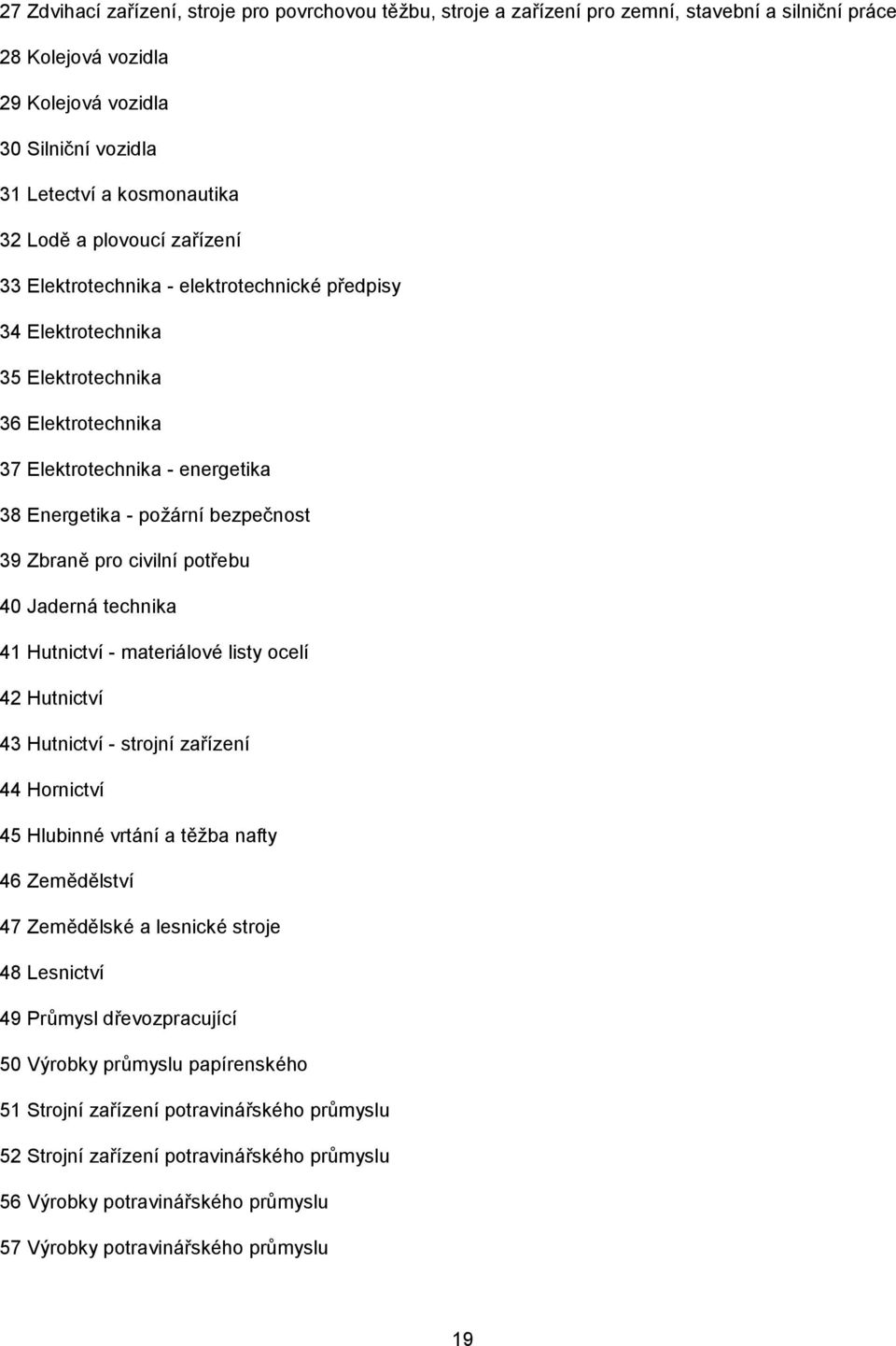 Zbraně pro civilní potřebu 40 Jaderná technika 41 Hutnictví - materiálové listy ocelí 42 Hutnictví 43 Hutnictví - strojní zařízení 44 Hornictví 45 Hlubinné vrtání a těžba nafty 46 Zemědělství 47