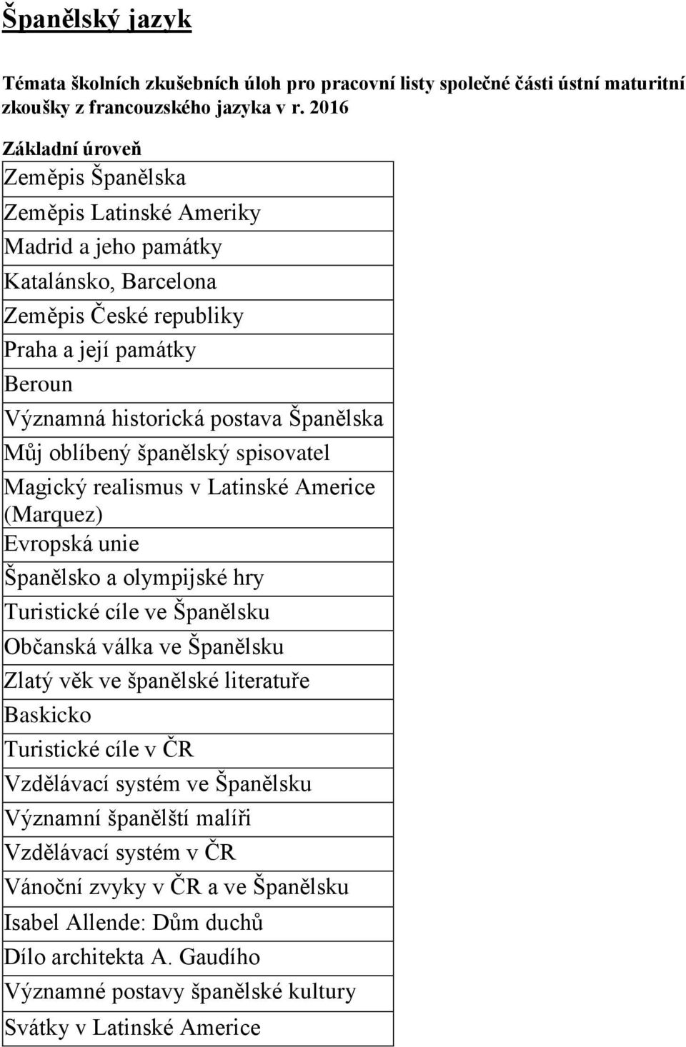 Magický realismus v Latinské Americe (Marquez) Španělsko a olympijské hry Turistické cíle ve Španělsku Občanská válka ve Španělsku Zlatý věk ve španělské literatuře Baskicko