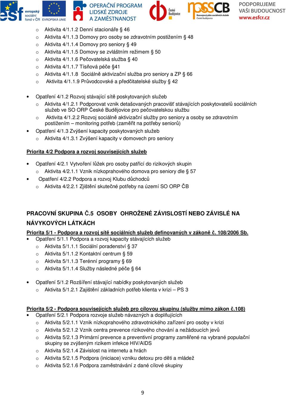 2 Rozvoj stávající sítě poskytovaných služeb o Aktivita 4/1.2.1 Podporovat vznik detašovaných pracovišť stávajících poskytovatelů sociálních služeb ve SO ORP České Budějovice pro pečovatelskou službu o Aktivita 4/1.