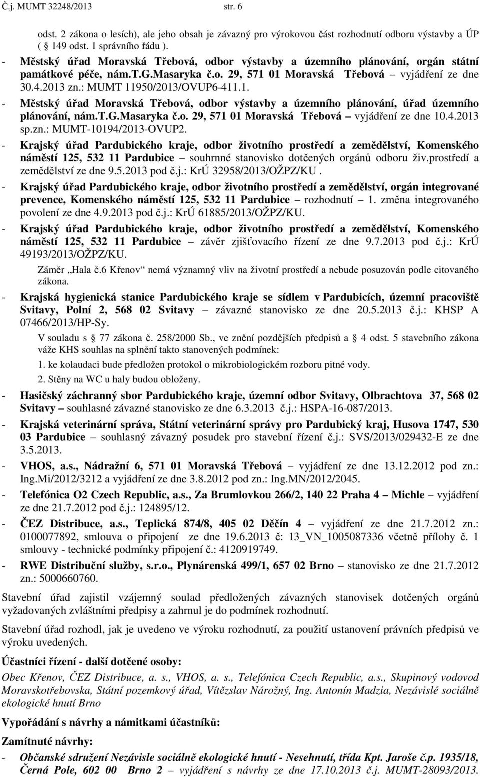 : MUMT 11950/2013/OVUP6-411.1. - Městský úřad Moravská Třebová, odbor výstavby a územního plánování, úřad územního plánování, nám.t.g.masaryka č.o. 29, 571 01 Moravská Třebová vyjádření ze dne 10.4.2013 sp.