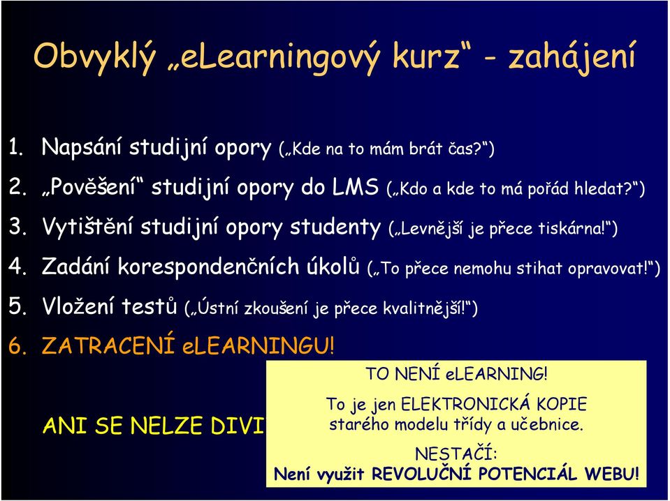 ) 4. Zadání korespondenčních úkolů ( To přece nemohu stihat opravovat! ) 5. Vložení testů ( Ústní zkoušení je přece kvalitnější!