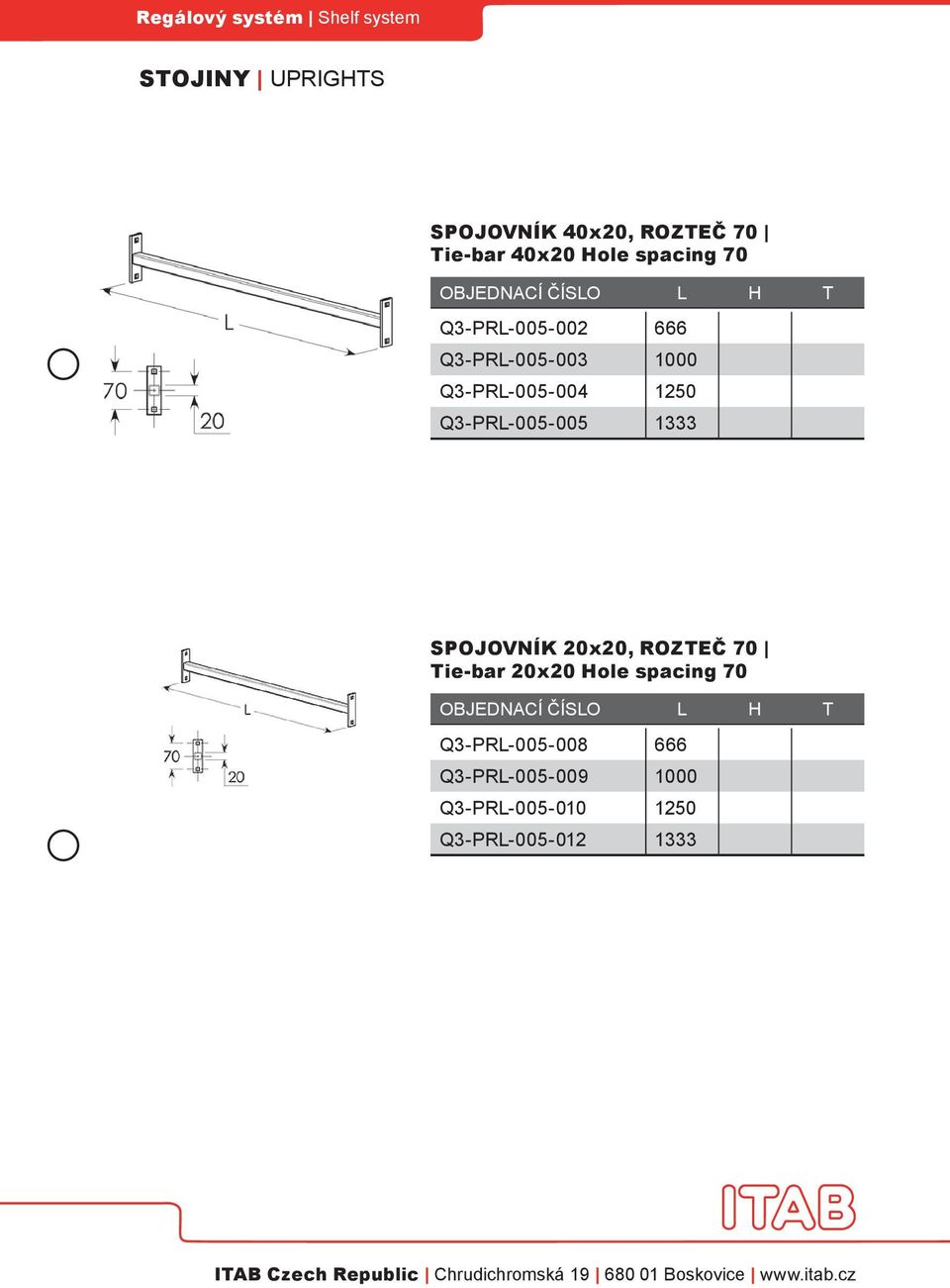 Q3-PRL-005-005 1333 SPOJOVNÍK 20x20, ROZTEČ 70 Tie-bar 20x20 Hole