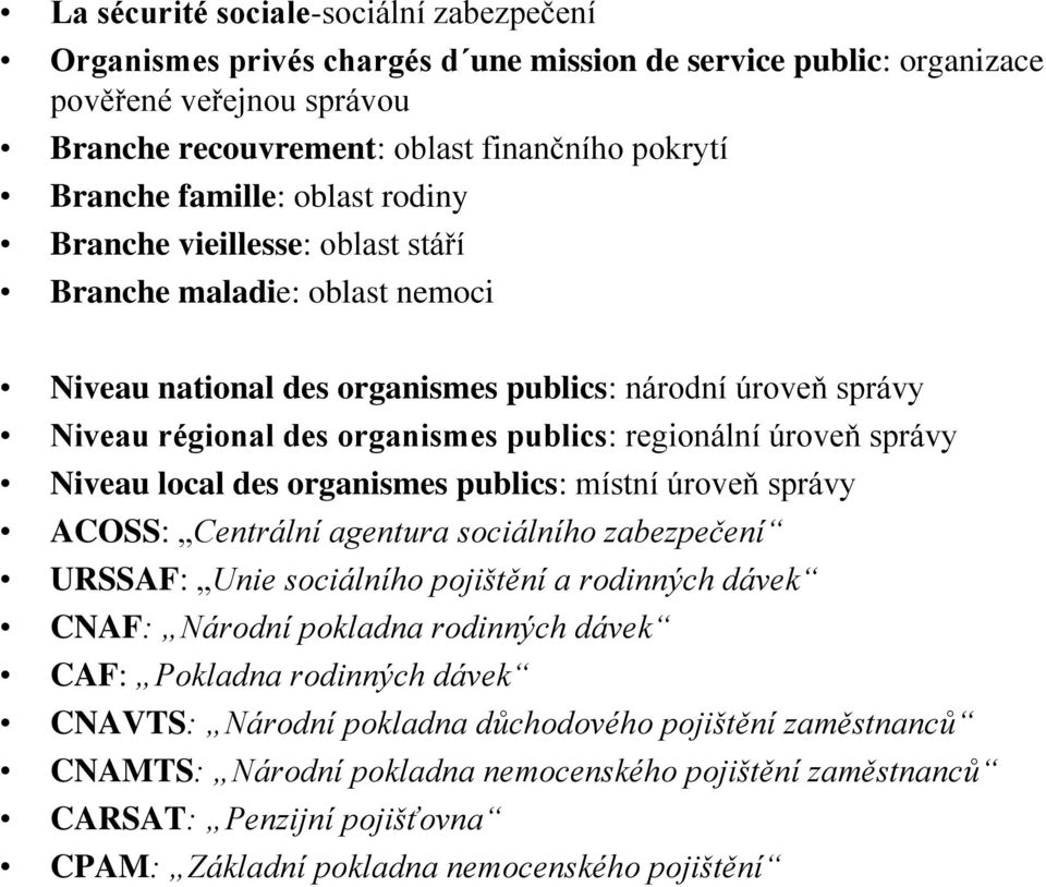 úroveň správy Niveau local des organismes publics: místní úroveň správy ACOSS: Centrální agentura sociálního zabezpečení URSSAF: Unie sociálního pojištění a rodinných dávek CNAF: Národní pokladna