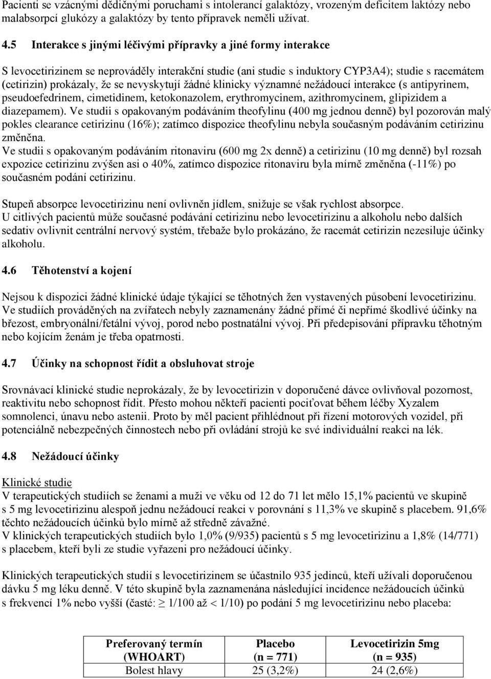 nevyskytují žádné klinicky významné nežádoucí interakce (s antipyrinem, pseudoefedrinem, cimetidinem, ketokonazolem, erythromycinem, azithromycinem, glipizidem a diazepamem).