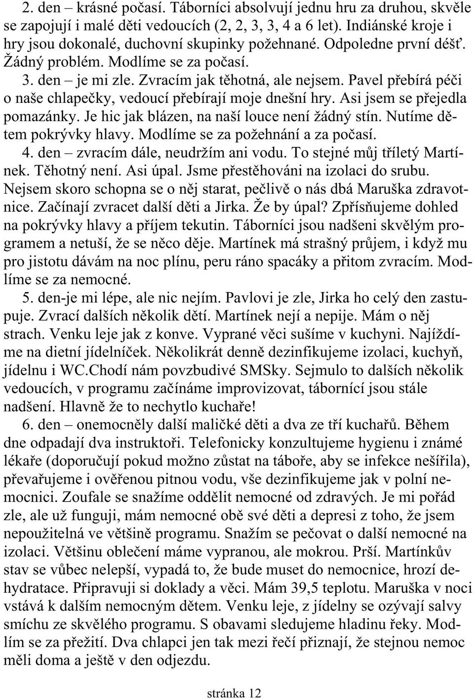 Asi jsem se p ejedla pomazánky. Je hic jak blázen, na naší louce není žádný stín. Nutíme d tem pokrývky hlavy. Modlíme se za požehnání a za po así. 4. den zvracím dále, neudržím ani vodu.