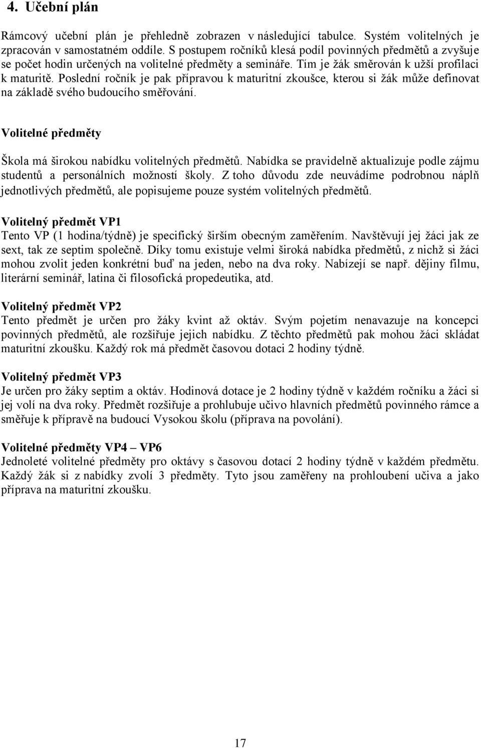 Poslední ročník je pak přípravou k maturitní zkoušce, kterou si žák může definovat na základě svého budoucího směřování. Volitelné předměty Škola má širokou nabídku volitelných předmětů.