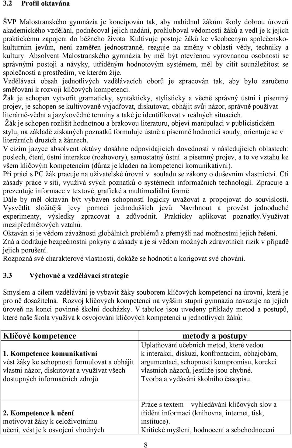 Absolvent Malostranského gymnázia by měl být otevřenou vyrovnanou osobností se správnými postoji a návyky, utříděným hodnotovým systémem, měl by cítit sounáležitost se společností a prostředím, ve