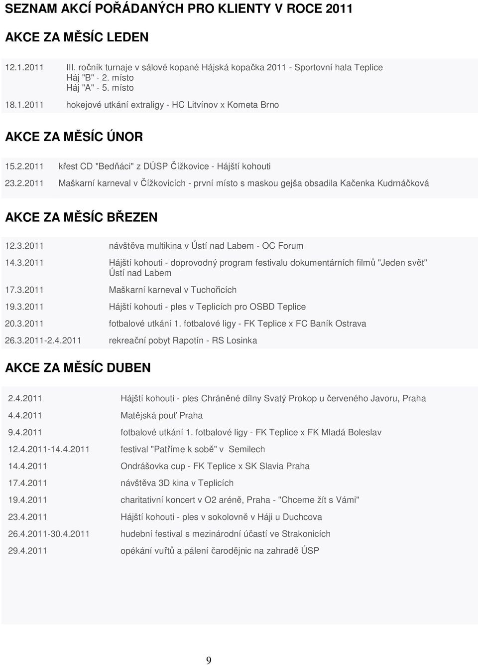 3.2011 návštěva multikina v Ústí nad Labem - OC Forum 14.3.2011 Hájští kohouti - doprovodný program festivalu dokumentárních filmů "Jeden svět" Ústí nad Labem 17.3.2011 Maškarní karneval v Tuchořicích 19.