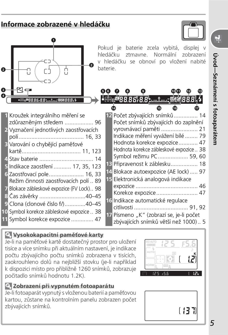 ..40 45 9 Clona (clonové číslo f/)...40 45 10 Symbol korekce zábleskové expozice.. 38 11 Symbol korekce expozice... 47 1 2 Pokud je baterie zcela vybitá, displej v hledáčku ztmavne.