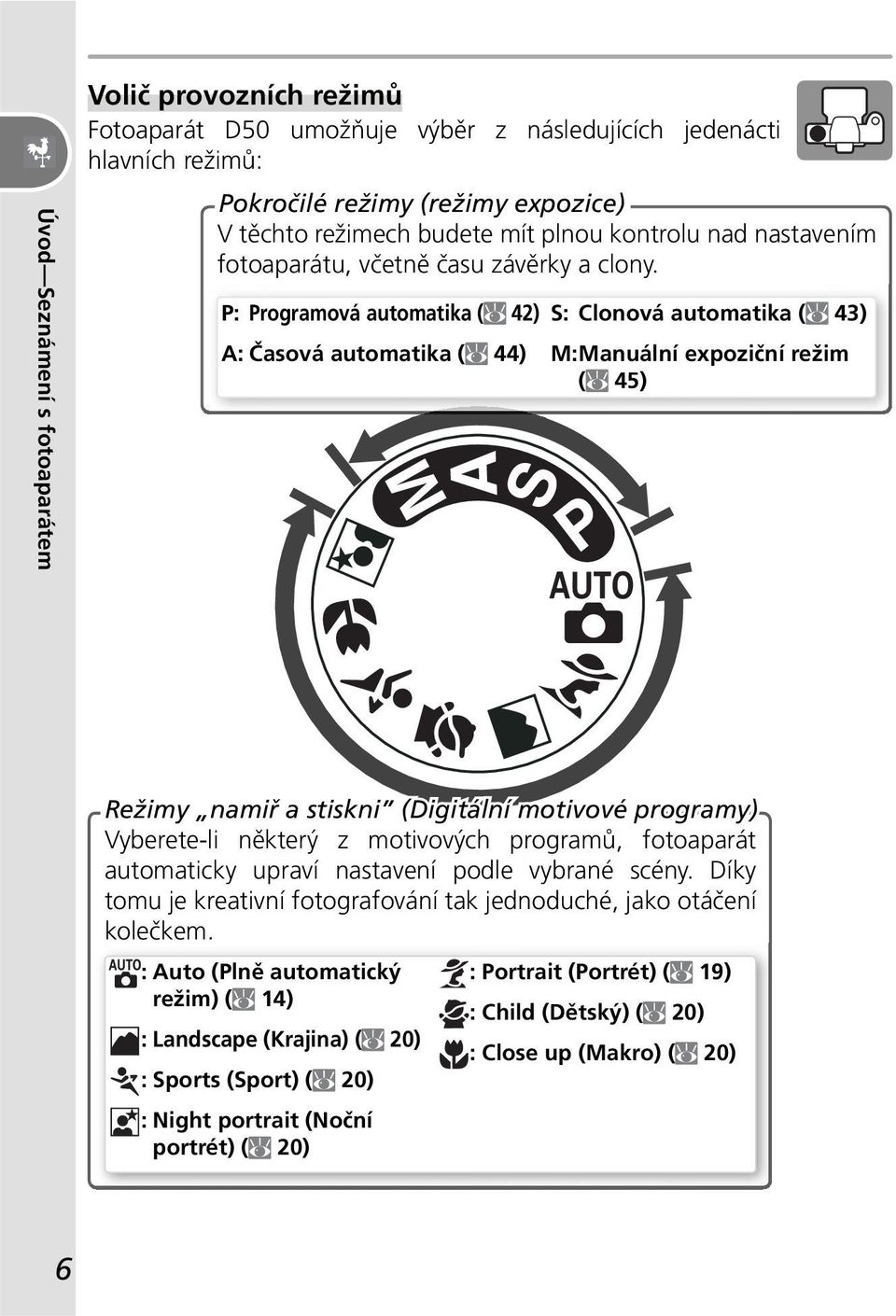 P: Programová automatika ( 42) S: Clonová automatika ( 43) A: Časová automatika ( 44) M: Manuální expoziční režim ( 45) Režimy namiř a stiskni (Digitální motivové programy) Vyberete-li některý z