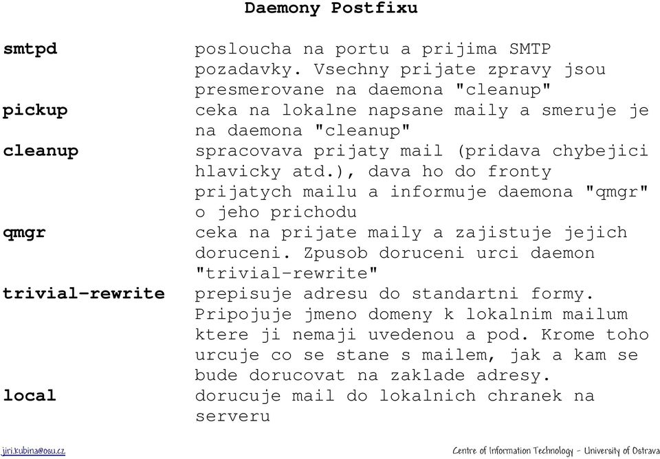 atd.), dava ho do fronty prijatych mailu a informuje daemona "qmgr" o jeho prichodu ceka na prijate maily a zajistuje jejich doruceni.