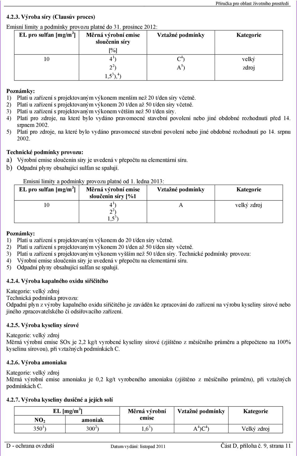 projektovaným výkonem menším než 20 t/den síry včetně. 2) Platí u zařízení s projektovaným výkonem 20 t/den až 50 t/den síry včetně.