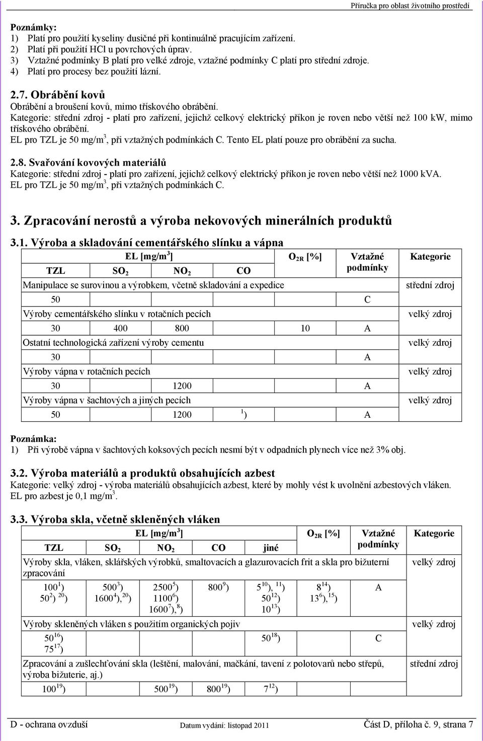: - platí pro zařízení, jejichž celkový elektrický příkon je roven nebo větší než 100 kw, mimo třískového obrábění. EL pro TZL je 50 mg/m 3, při vztažných podmínkách C.