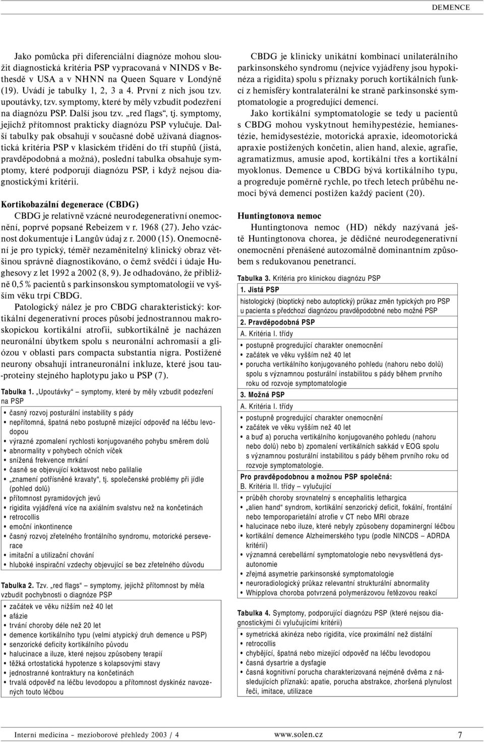 Další tabulky pak obsahují v současné době užívaná diagnostická kritéria PSP v klasickém třídění do tří stupňů (jistá, pravděpodobná a možná), poslední tabulka obsahuje symptomy, které podporují