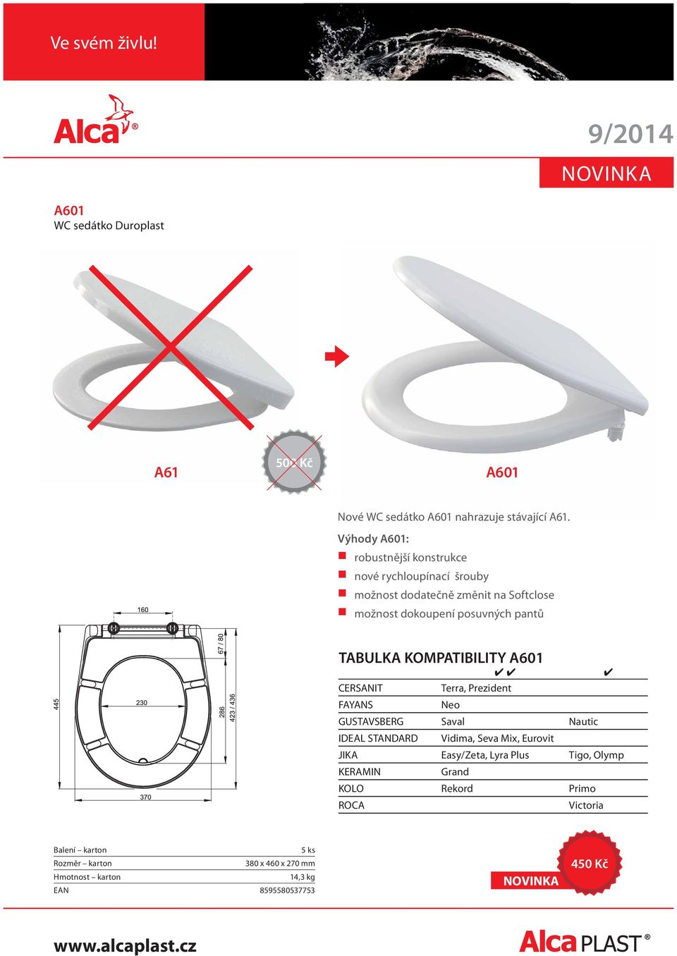 posuvných pantů TABULKA KOMPATIBILITY A601 CERSANIT Terra, Prezident FAYANS Neo GUSTAVSBERG Saval Nautic IDEAL STANDARD