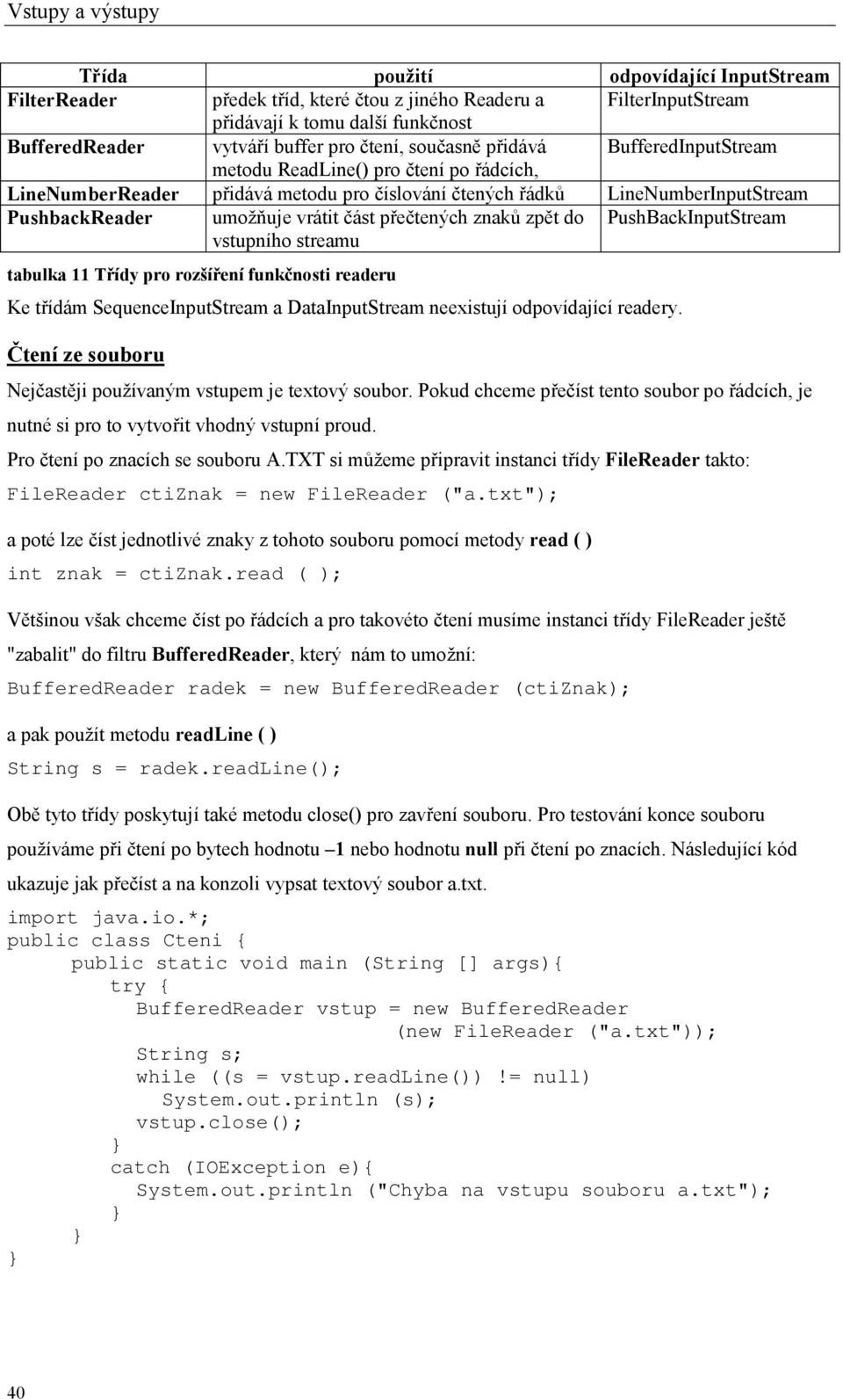 znaků zpět do vstupního streamu PushBackInputStream tabulka 11 Třídy pro rozšíření funkčnosti readeru Ke třídám SequenceInputStream a DataInputStream neexistují odpovídající readery.