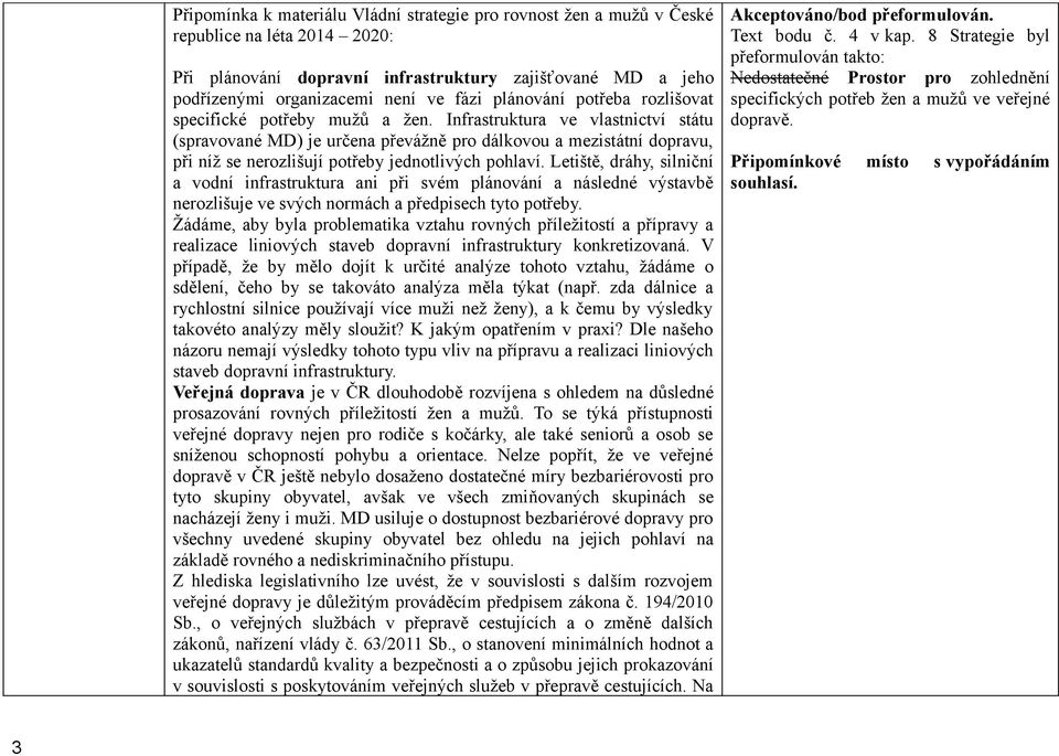 Infrastruktura ve vlastnictví státu (spravované MD) je určena převážně pro dálkovou a mezistátní dopravu, při níž se nerozlišují potřeby jednotlivých pohlaví.