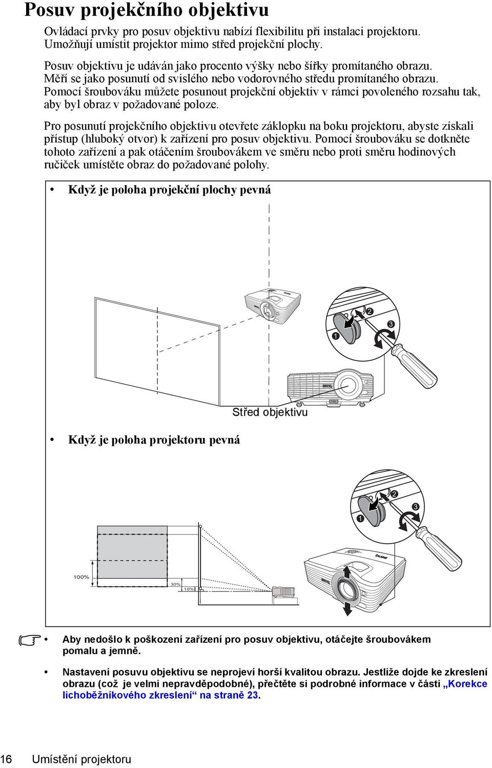 Pomocí šroubováku můžete posunout projekční objektiv v rámci povoleného rozsahu tak, aby byl obraz v požadované poloze.