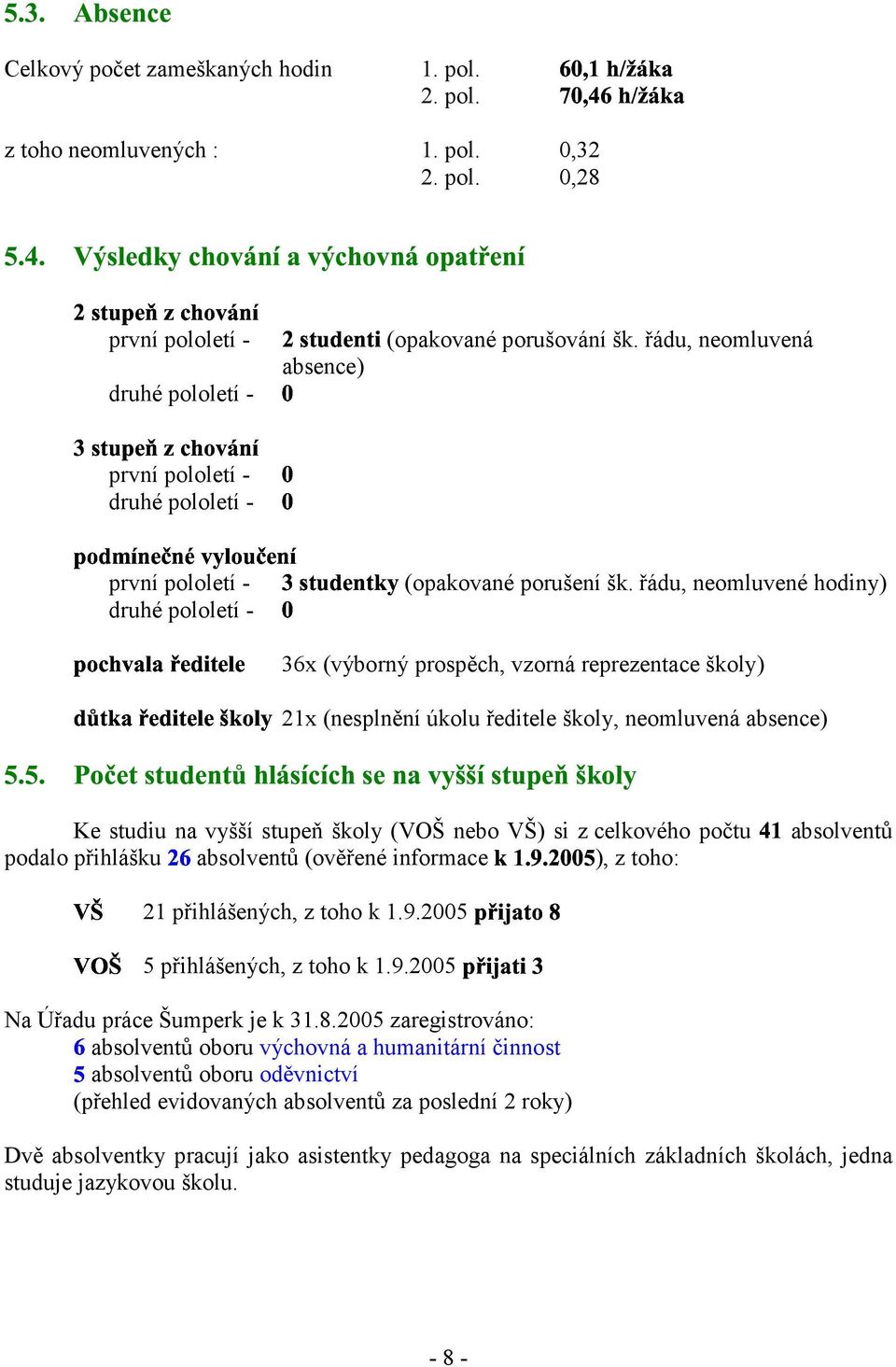 řádu, neomluvené hodiny) druhé pololetí - 36x (výborný prospěch, vzorná reprezentace školy) ) 21x (nesplnění úkolu ředitele školy, neomluvená absence) ' ' Ke studiu na vyšší stupeň školy (VOŠ nebo )