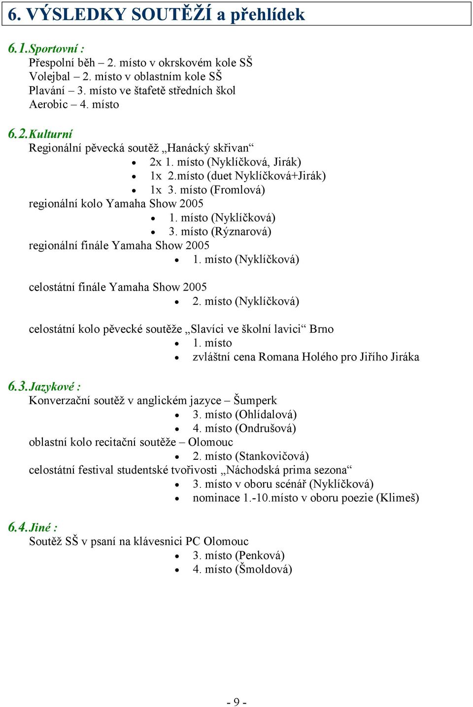 místo (Nyklíčková) celostátní finále Yamaha Show 2005 2. místo (Nyklíčková) celostátní kolo pěvecké soutěže Slavíci ve školní lavici Brno 1. místo zvláštní cena Romana Holého pro Jiřího Jiráka 6.3.