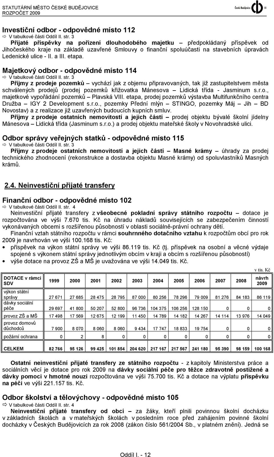 etapa. Majetkový odbor - odpovědné místo 114 V tabulkové části Oddíl II. str.