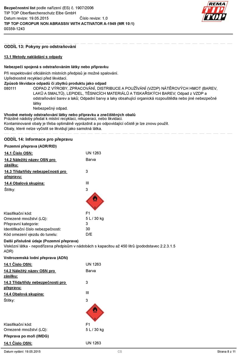 Způsob likvidace odpadů či zbytků produktu jako odpad 080111 ODPAD Z VÝROBY, ZPRACOVÁNÍ, DISTRIBUCE A POUŽÍVÁNÍ (VZDP) NÁTĚROVÝCH HMOT (BAREV, LAKŮ A SMALTŮ), LEPIDEL, TĚSNICÍCH MATERIÁLŮ A