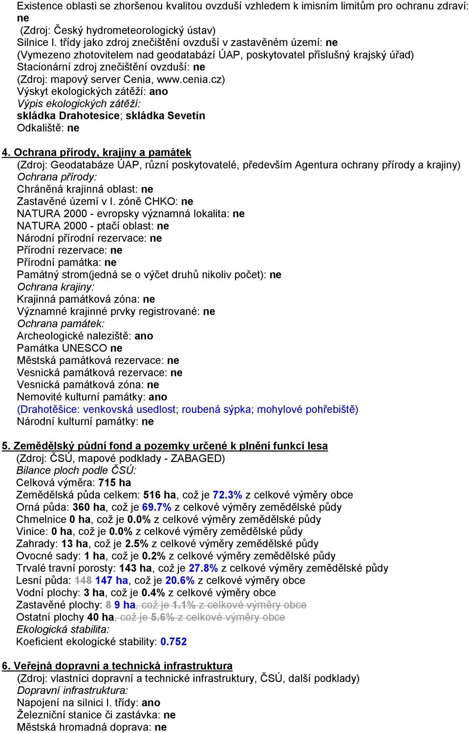 server Cenia, www.cenia.cz) Výskyt ekologických zátěží: ano Výpis ekologických zátěží: skládka Drahotesice; skládka Sevetin Odkaliště: ne 4.