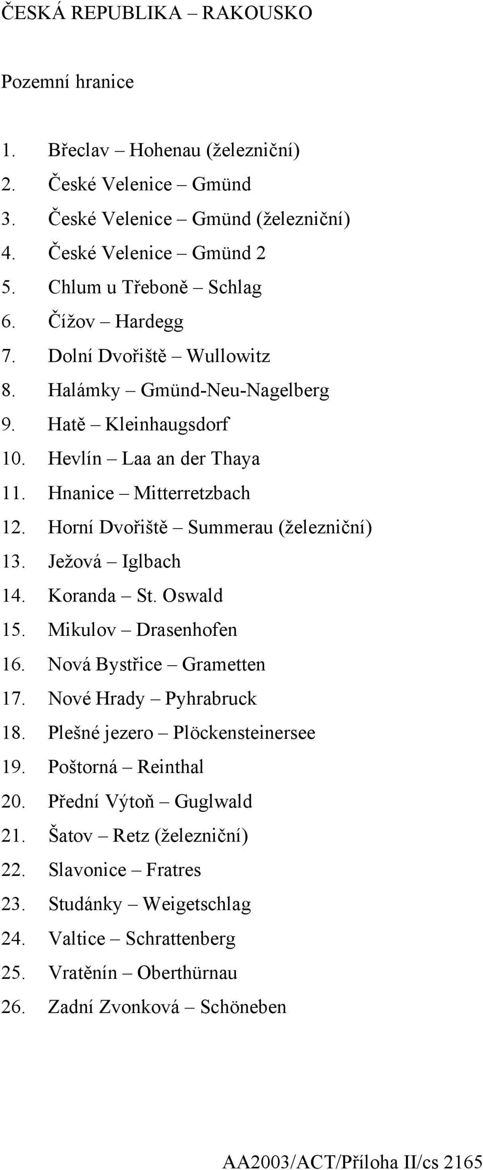 Horní Dvořiště Summerau (železniční) 13. Ježová Iglbach 14. Koranda St. Oswald 15. Mikulov Drasenhofen 16. Nová Bystřice Grametten 17. Nové Hrady Pyhrabruck 18.