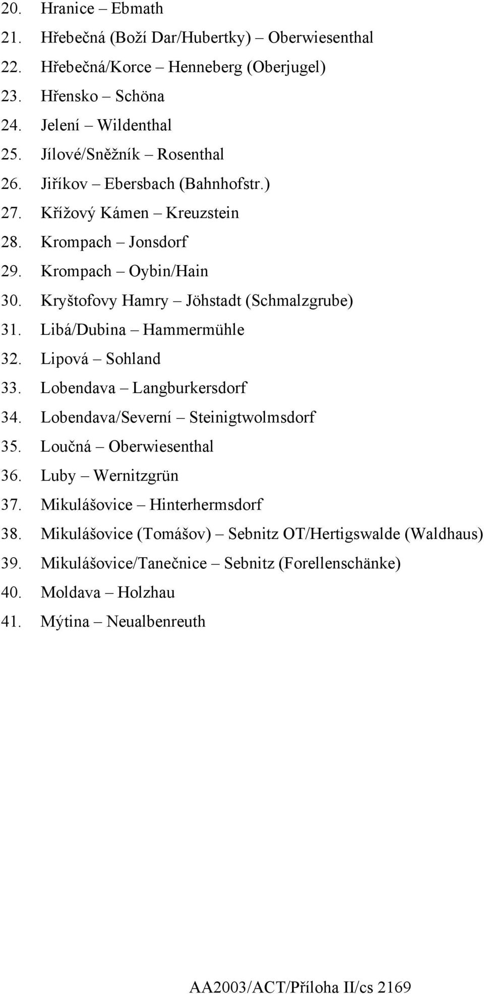 Kryštofovy Hamry Jöhstadt (Schmalzgrube) 31. Libá/Dubina Hammermühle 32. Lipová Sohland 33. Lobendava Langburkersdorf 34. Lobendava/Severní Steinigtwolmsdorf 35.