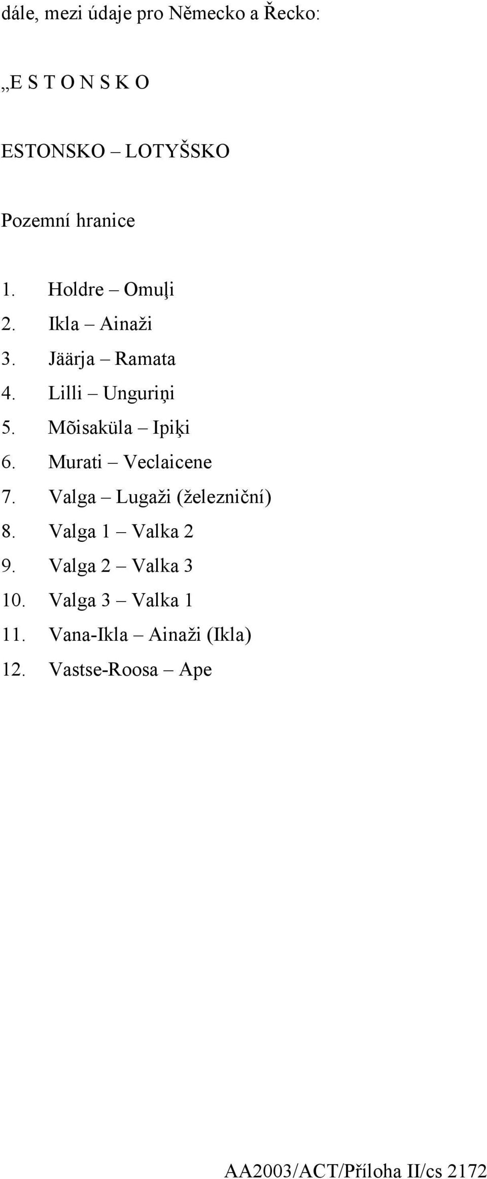 Murati Veclaicene 7. Valga Lugaži (železniční) 8. Valga 1 Valka 2 9. Valga 2 Valka 3 10.