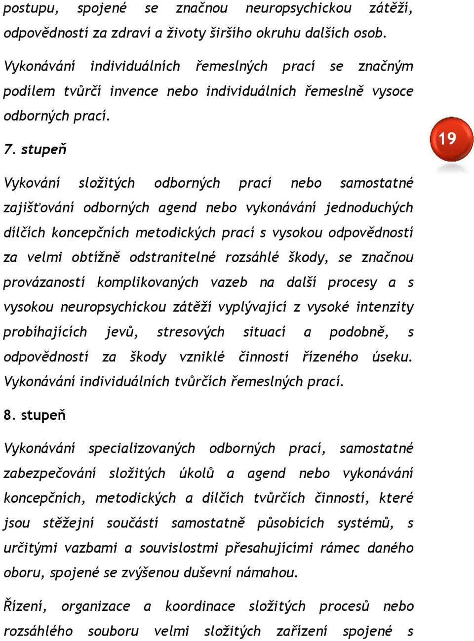 stupeň 19 Vykování složitých odborných prací nebo samostatné zajišťování odborných agend nebo vykonávání jednoduchých dílčích koncepčních metodických prací s vysokou odpovědností za velmi obtížně