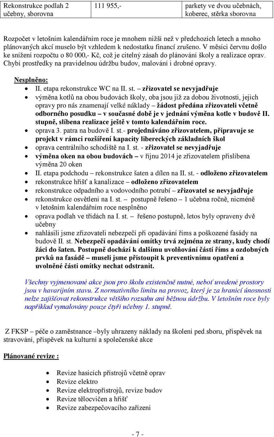 Chybí prostředky na pravidelnou údržbu budov, malování i drobné opravy. Nesplněno: II. etapa rekonstrukce WC na II. st.