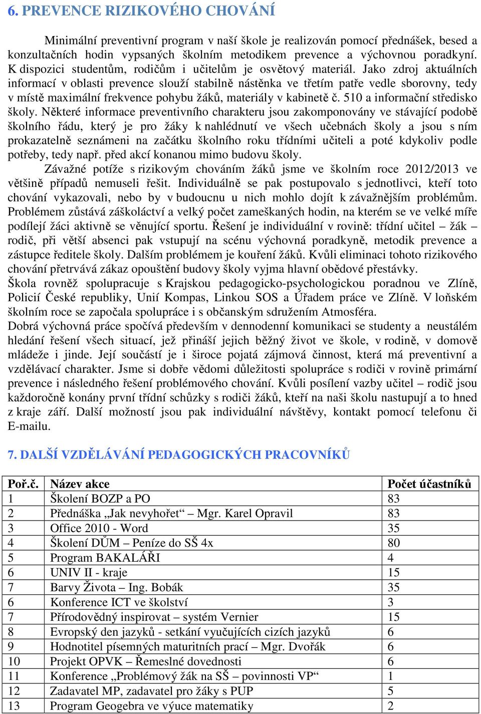 Jako zdroj aktuálních informací v oblasti prevence slouží stabilně nástěnka ve třetím patře vedle sborovny, tedy v místě maximální frekvence pohybu žáků, materiály v kabinetě č.