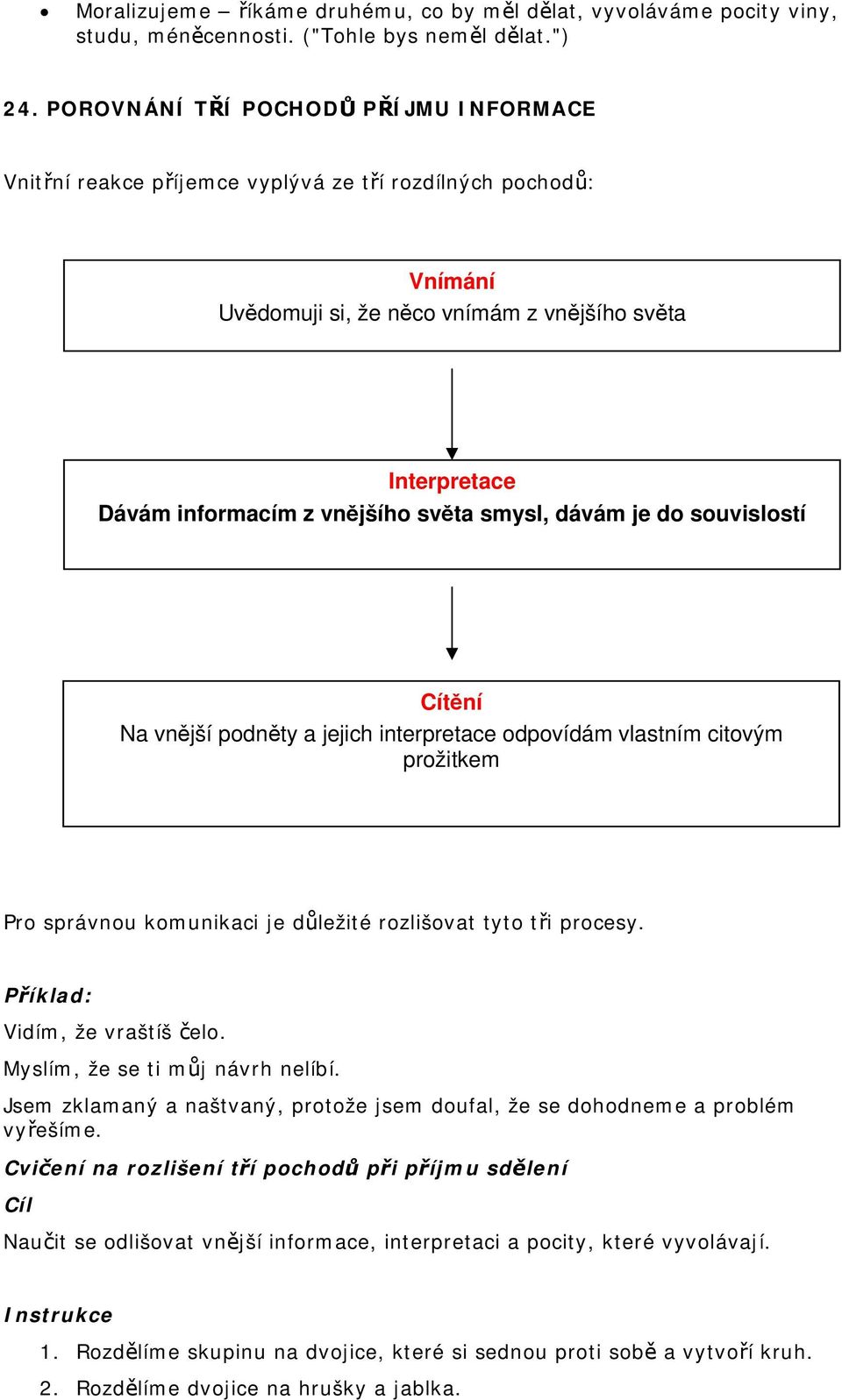 smysl, dávám je do souvislostí Cítění Na vnější podněty a jejich interpretace odpovídám vlastním citovým prožitkem Pro správnou komunikaci je důležité rozlišovat tyto tři procesy.