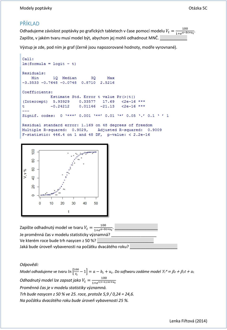Ve kterém roce bude trh nasycen z 50 %? Jaká bude úroveň vybavenosti na počátku dvacátého roku? Odpovědi: Model odhadujeme ve tvaru ln [ 100 1] = a b t + u t.
