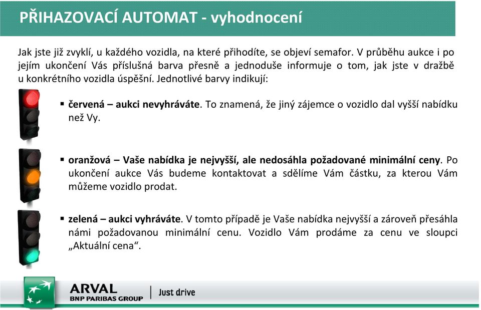 Jednotlivé barvy indikují: červená aukci nevyhráváte. To znamená, že jiný zájemce o vozidlo dal vyšší nabídku než Vy.