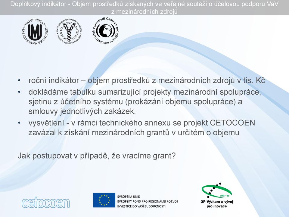 Kč dokládáme tabulku sumarizující projekty mezinárodní spolupráce, sjetinu z účetního systému (prokázání objemu spolupráce)