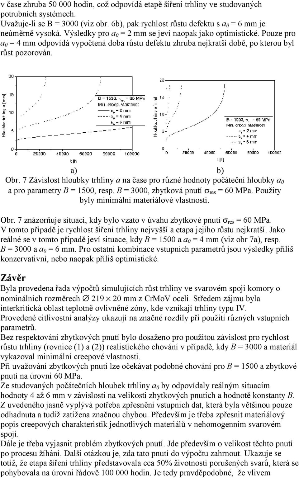 7 Závslost hloubky trhlny a na čase p rů zné hodnoty počáteční hloubky a 0 a p parametry B = 1500, resp. B = 000, zbytková pnutí σ res = 60 MPa. Použty byly mnmální materálové vlastnost. Obr.