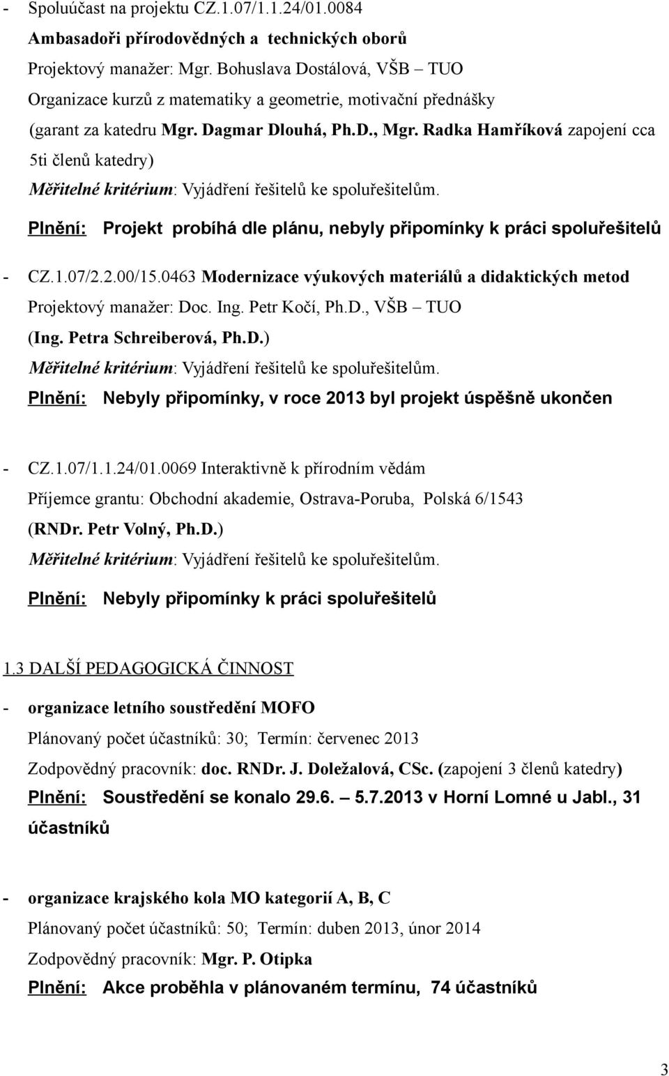 Radka Hamříková zapojení cca 5ti členů katedry) Projekt probíhá dle plánu, nebyly připomínky k práci spoluřešitelů - CZ.1.07/2.2.00/15.