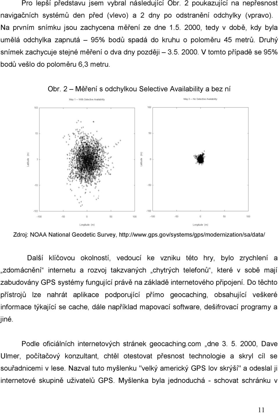 Druhý snímek zachycuje stejné měření o dva dny později 3.5. 2000. V tomto případě se 95% bodů vešlo do poloměru 6,3 metru. Obr.