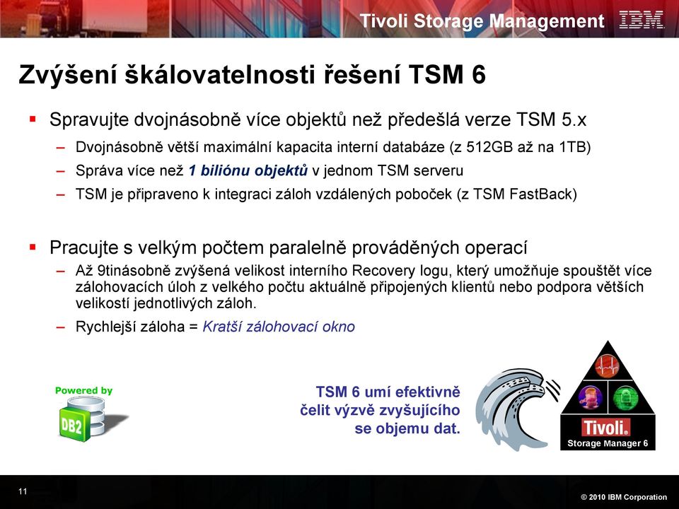 vzdálených poboček (z TSM FastBack) Pracujte s velkým počtem paralelně prováděných operací Až 9tinásobně zvýšená velikost interního Recovery logu, který umožňuje spouštět