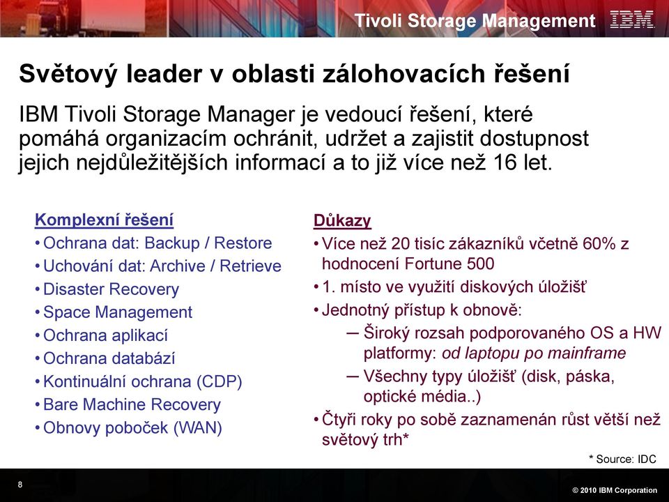 Komplexní řešení Ochrana dat: Backup / Restore Uchování dat: Archive / Retrieve Disaster Recovery Space Management Ochrana aplikací Ochrana databází Kontinuální ochrana (CDP) Bare Machine