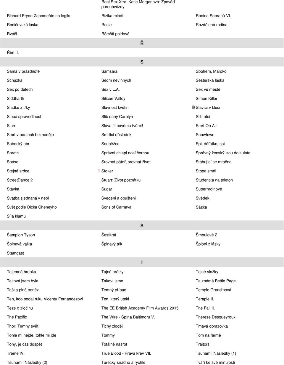 Sex ve městě Siddharth Silicon Valley Simon Killer Sladké zítřky Slavnost květin Slavíci v kleci Slepá spravedlnost Slib daný Carolyn Slib otci Slon Sláva filmovému tvůrci!