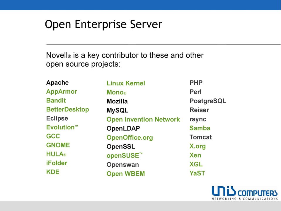 KDE Linux Kernel Mono Mozilla MySQL Open Invention Network OpenLDAP OpenOffice.